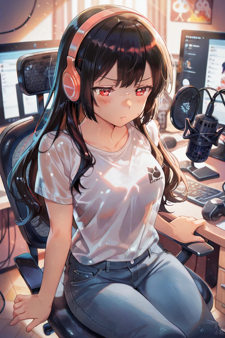 One Woman junkotvvxl、beautiful girl、Sit on a chair、Dark Room、computers、Sit in a gaming chair、High-end headphones、Grip the game controller、computersに向き合う、beautiful girl, Highest quality,  Tight T-shirt、The lower body is only striped pattern panties、Thick thighs、Big 、BIG ASS、Black Hair、long hair、neko ears , red eyes, bangs、Sweaty body、I&#39;m sweating all over、Lewd sound effects、Excited、Stripes々Panties、beautiful girlゲーム、Play hentai gameasturbation、On the monitor is a beautiful girl、Tight T-shirt