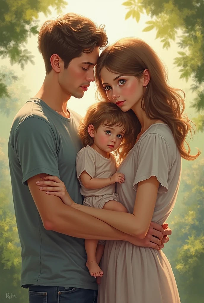 man and woman sitting in the field、 , happy family, husband, wife and son, Written by Elaine Hamilton, beautiful photo, family, beautiful realistic pictures, portrait of family of three, super realistic picture画スタイル, high resolution, warm and beautiful scenery, disney photoreal, 8K)), beautiful soft light, super realistic picture