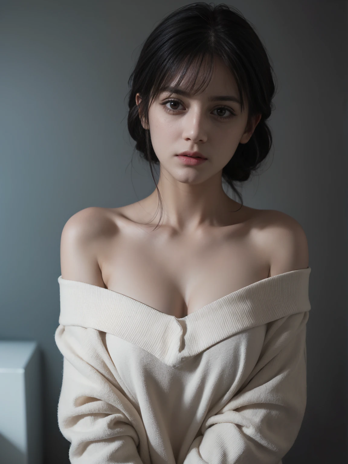Best quality, masterpiece, ultra high res, (photorealistic:1.5), raw photo, 1girl, offshoulder, in the dark, deep shadow, low key, cold light, sexy look, short hair