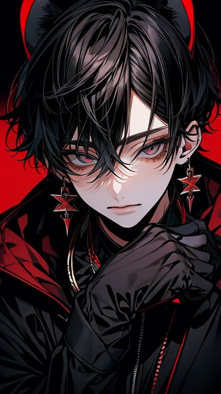 black short hair,red eye,1 cool boy,black clothes