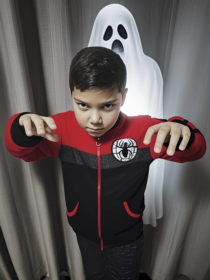 guttonerdvision4, a 3-year-old boy, wearing glasses, wearing the character "Deadpool" outfit full body. ((He's not wearing the mask)). The setting is a burning environment with pieces of stone around it and rubble on fire. Realistic scene and (((detailed))), with depth of field to give more realism to the scene.