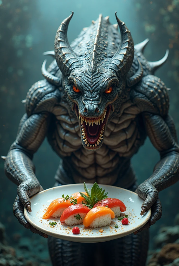 Yautja Predator, without mask,eating tacos,street food stand,Mexico City, highly, realistic skin texture,warm lighting,vibrant colors,photorealistic,cinematic composition,dramatic angles,award winning science fiction illustration