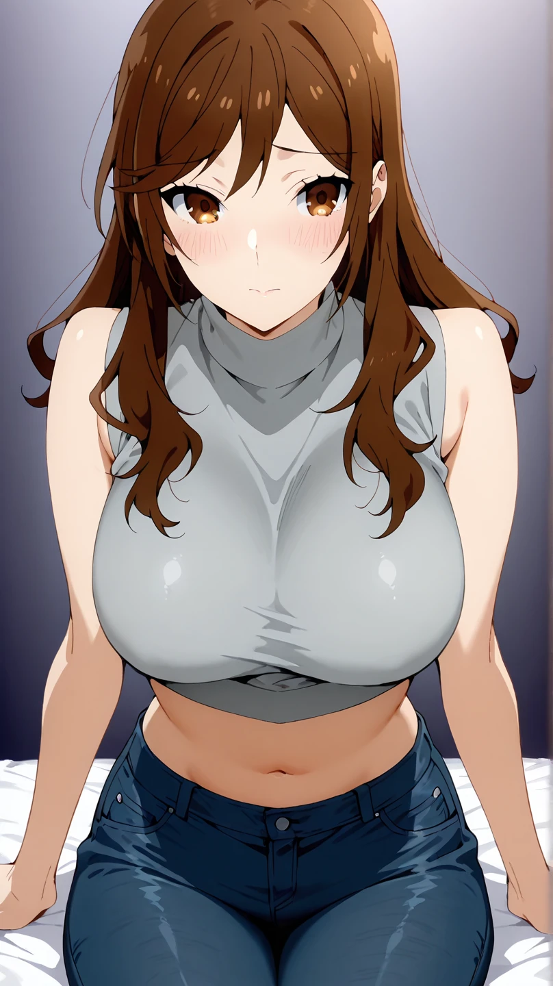 mature women, fw.nari, light brown long hair, split bangs, dark brown eyes, large , short sleeves plunge tee, cleavage, tucked in, blue jeans, blushing, closed mouth, smile, masterpiece, 8K, HD, perfect face, high quality, best quality, extremely detailed eyes, extremely detailed body, highly detailed, expressive eyes, high res, 1girl, solo, knee length shot, front view, looking at viewer, body facing viewer, pov shot, slightly from above, standing up, straight posture, hands on hips, bedroom