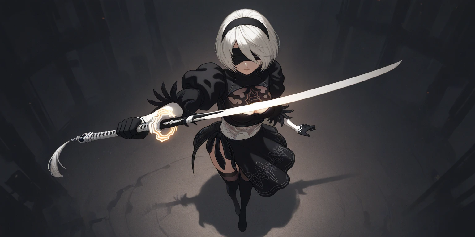 <lora:2b-lora-nochekaiser:1>,
2b,(black blindfold:1.5),black hairband,blindfold,hairband,short hair,white hair,
robot,cleavage cutout,clothing cutout,long sleeves,black skirt,side slit,black thighhighs,thigh boots,high heels,
katana,holding,holding sword,(sheath),(sheath behind),fighting_stance,kneeling,