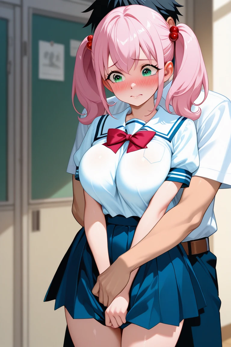 Highest quality, High resolution,8k、naked、One person、On a chair、((Standing back and having sex )),Boobs shaking violently up and down、A large amount of semen is applied、Cool look、blush(1.9)、Sweat(1.9)、steam、Light pink hair(half-up、Half Up Hair), Sharp Eye、Blue eyes, Long Hair, Mole under eye, Beautiful breasts(0.5), bangs, Cleavage, clavicle,Big Butt, indoor, kawaii dake janai shikimori-san(anime、shikimori,Shikimori City,School uniforms(White shirt、Black sweater、Grey Pretz Skirt(Plaid)(Pulled up to her chest)、(Exposing)、(Exposed nipples))、{An angle looking at the buttocks and back from directly above} One person黒人男性,Big Penis,(The man is having sex by thrusting upwards、Holding the waist of)