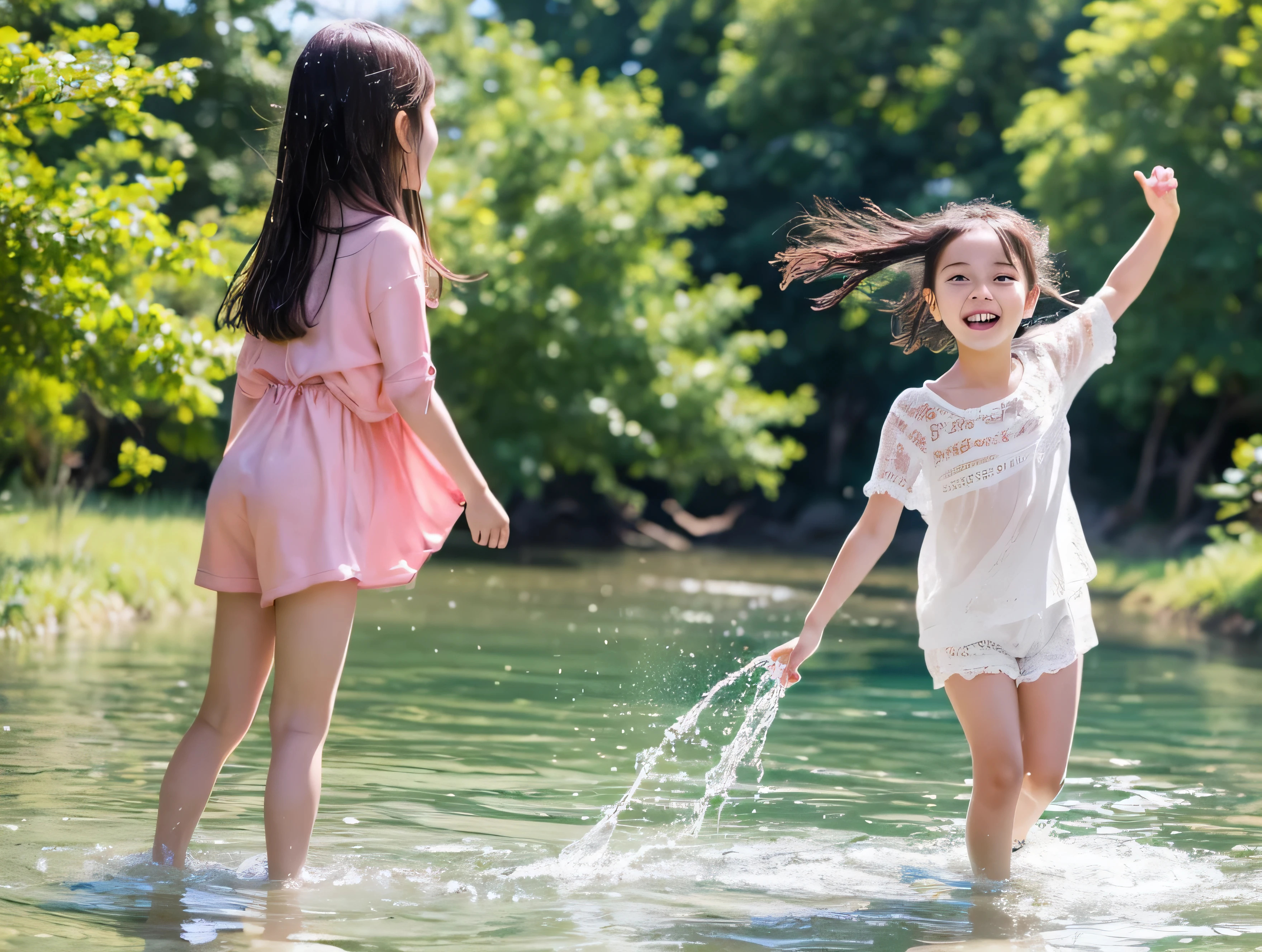 Two young asian kids playing hula hoop on the grass, kids playing on the beach, kids playing on the beach, magical summer for kids, very fun summer