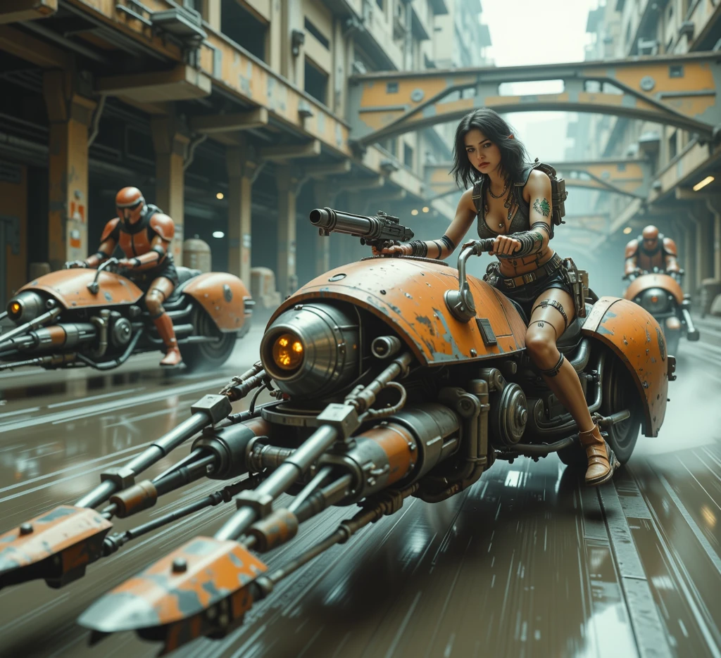 There's a sexzy actress busty mia khalifa with gun and muscled male with friends,street punk, standing with Steam punk Helicopter,dusky skin, with muscled body,less dress,Royal look, steampunk + cyperpunk urban city, sexzy full body view top to bottom, standing in backview turning camera, random camera angle ,dark smoke fog background,street punk digital, , Wojtek FUS, arte digital street punk, detailed wild street punk illustration, Portrait of a gold and copper mechanical woman, arte street punk, sci-fi street punk,sexy beautiful face, doe shape eyes, full lips. slim body, breathtaking beauty, vibrant, comprehensive cinematic, 8k, cinematic lighting, best quality, 4k