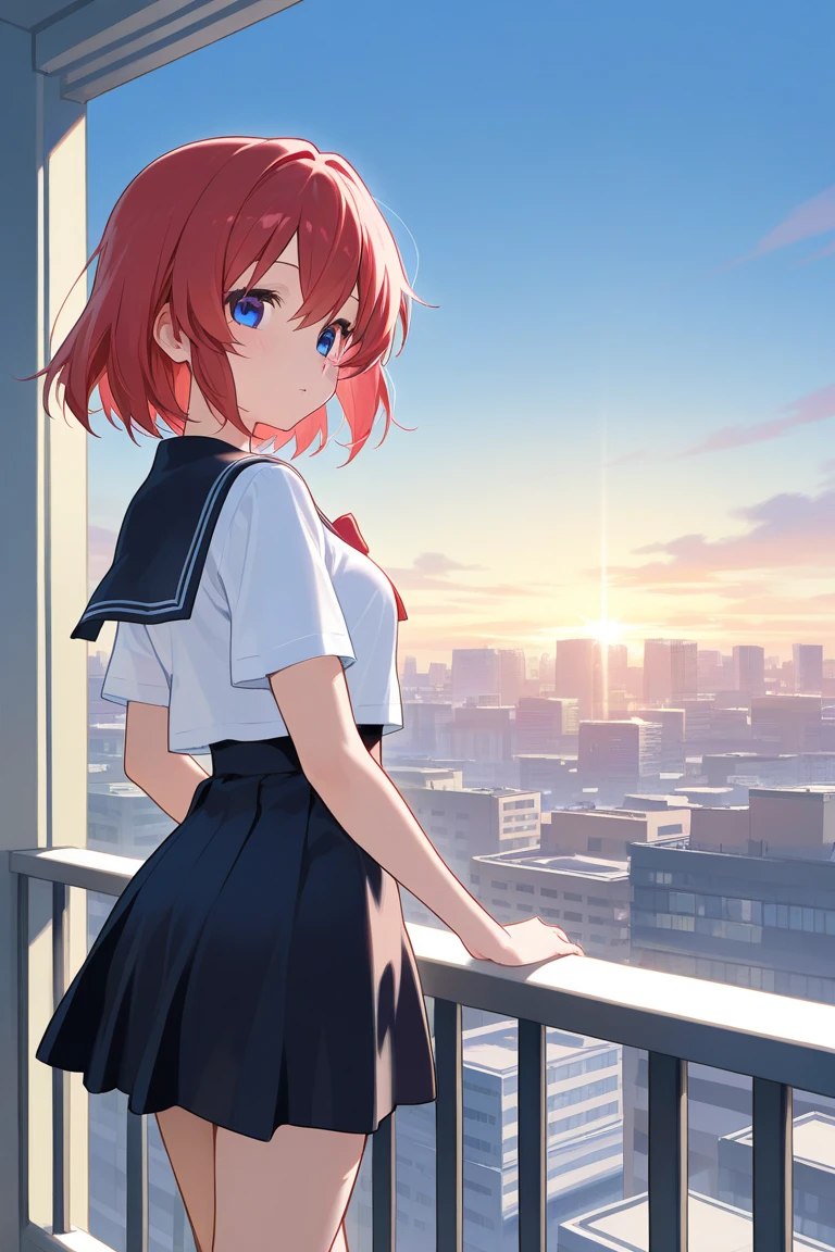 (masterpiece), (best quality), highres, highly detailed, an extremely delicate and beautiful,
1 girl, solo, beautiful red eyes, ruby textured eyes, sparkling pupils, (smiley and round eyes), wine red hair, (short hair), (wavy hair ends), [tiny:medium:0.7] breasts, (hand by Guido Daniele), from behind, looking back,
closed mouth,hair ornament, bangs,white blouse,short sleeves, blue skirt, pleated skirt, backpack, bag,
outdoors, sky, city, night,night sky,aurora,red moon,building, scenery, cloud, cityscape, railing, blue sky, sign, skyscraper,
