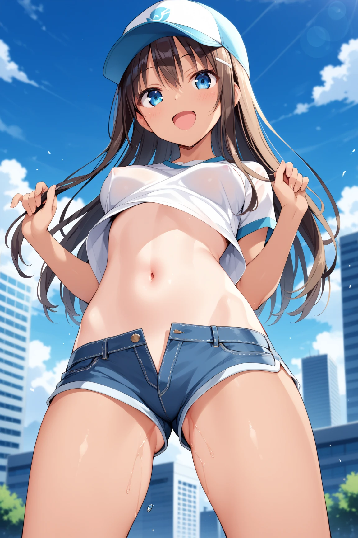 (8K、Highest quality、Highest quality、masterpiece)、Detailed face、One Girl、(Brown Skin:1.2)、Long Hair、Blue Eyes、Serious、(Red Tank Top、Denim hot shorts、Open Shorts、Unziped shorts、Mini Shorts、No Panties、NoPanties、Spread pussy)、labia view、Beach、cloud、vagina、Pussy Lip、Wedgie between Pussy Lips、Big Breasts