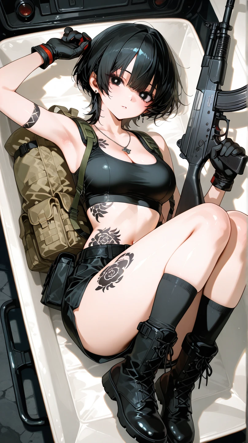 masterpiece, best quality, best illustration, HDR, beautiful details, intricate details, detailed scenery, dramatic light, best shadow, (medium body shot), quiet from Metal Gear Solid, on the floor, big breasts, black latex bikini_top, black thong, thorn black kneehigh pantyhose, bare abdomen, eye shadow  (detailed beautiful eyes), army facility, inside a high end army warehouse, realistic background