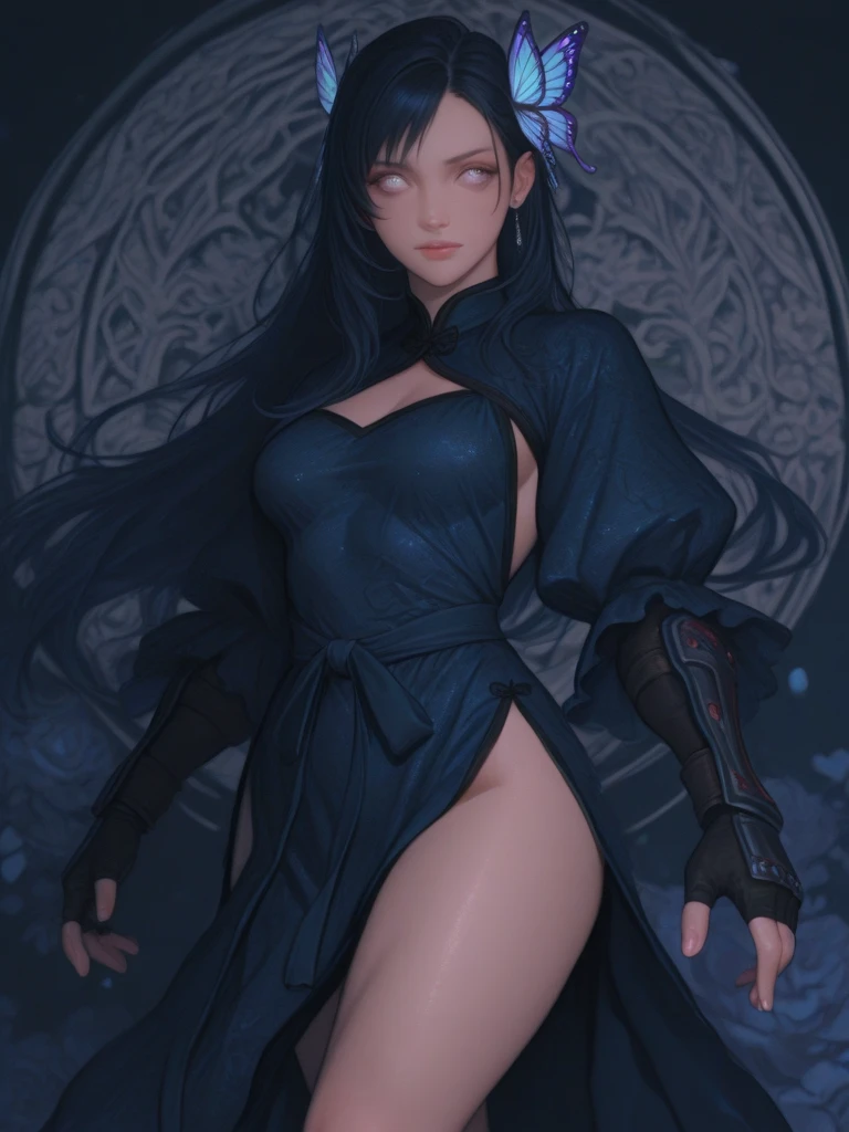A girl with raven-black hair, long in the front and medium-short in the back. She pins a strand of hair on the left side behind her ear with a discreet hairpin.
Her eyes are a deep, piercing blue, often reflecting an unyielding determination. Her skin is pale, giving her an almost ethereal appearance, which contrasts sharply with her dark hair.
She stands at approximately 1.73 meters, giving her a notable presence among her peers. She wears the traditional Demon Slayer uniform, complemented by a black haori adorned with blue petal motifs, symbolizing both delicacy and strength. Over this, she wears a long hooded coat, adding a touch of mystery to her appearance.
To cover her face, she uses a clay mask representing the sin of pride. The lower part of her face is wrapped in bandages, hiding scars.