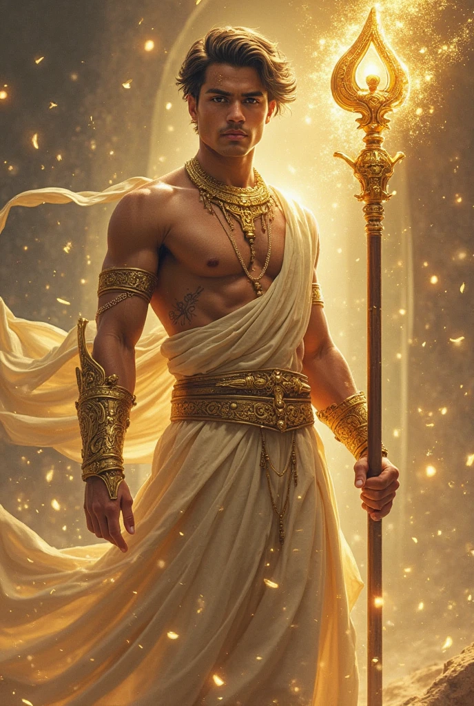 disconsolate,Ambient,artistic conception,large scene,The wind blew up the white curtains,Dattain lamps,Diffuse light,chest muscle,Shirtless, stubbles, Sideburns, musculature, Strong handsome korean guy, a golden statue of handsome men god , multiple hands holding some weapons, , Hanfu,Golden blue、Jing Qing Moqing、jackson wang, Plain cherry blue,Junyi,Dignified atmosphere,Temperament,Short hair, Flat-headed beautiful man,The light is gentle,The scene comes to life