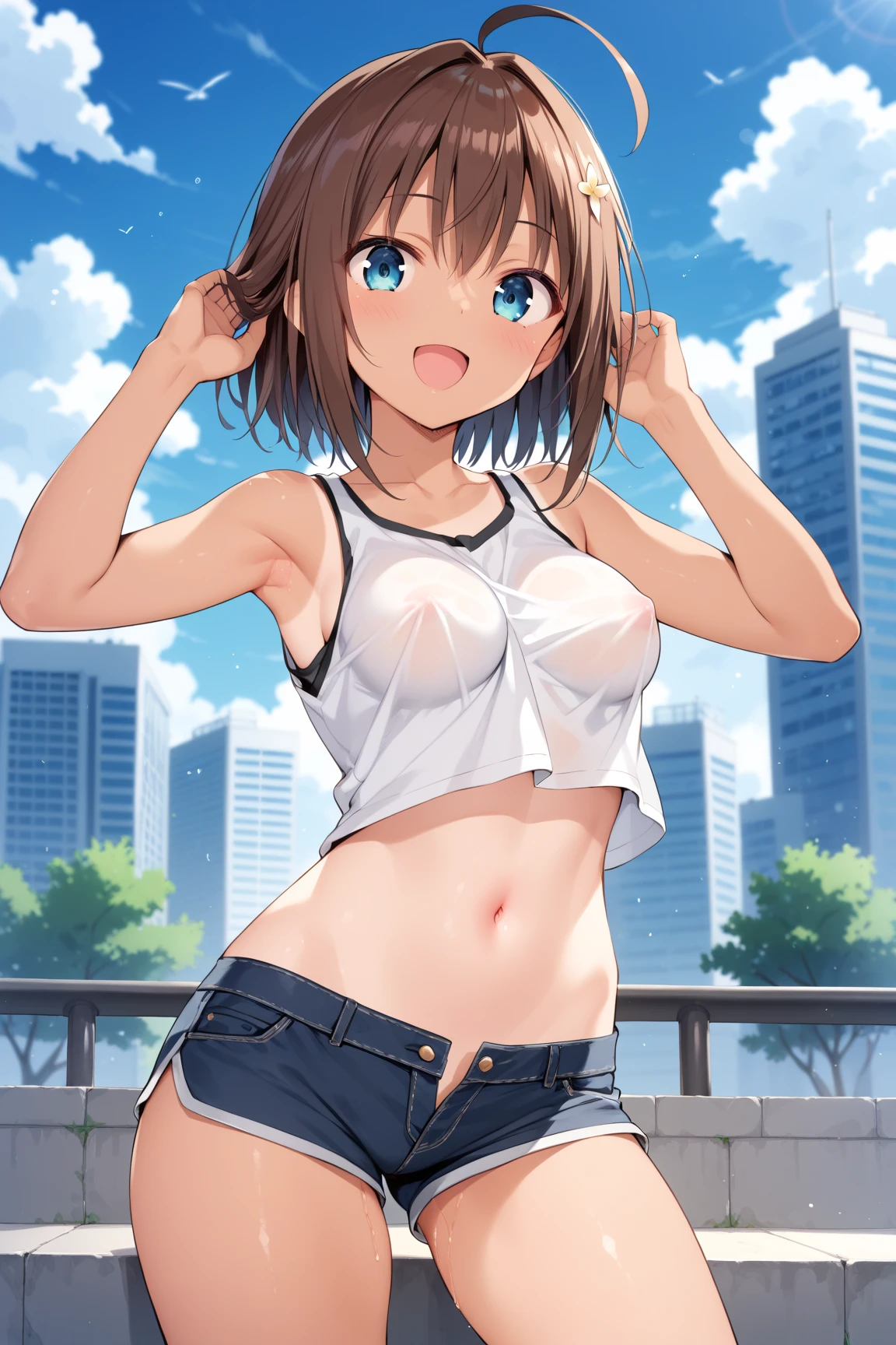 ((full body:1.4)), irohaisshikitest, iroha isshiki, short hair, brown hair, (brown eyes:1.5),
((naked upper body:1.4)), ((armpits:1.4)), ((hands behind head:1.4)), ((black heels:1.4)), ((black panties:1.4)), ((black pantyhose:1.4)), ((smug face:1.5)), ((medium breasts:1.4)), ((blushing)), red face.
BREAK, playground background, ((sitting on bench:1.5)),
BREAK ((looking at viever:1.4)), BREAK (masterpiece:1.2), best quality, high resolution, unity 8k wallpaper, (illustration:0.8), (beautiful detailed eyes:1.6), extremely detailed face, perfect lighting, extremely detailed CG, (perfect hands, perfect anatomy), ((sky from bellow:1.5)), ((from down:1.5)),