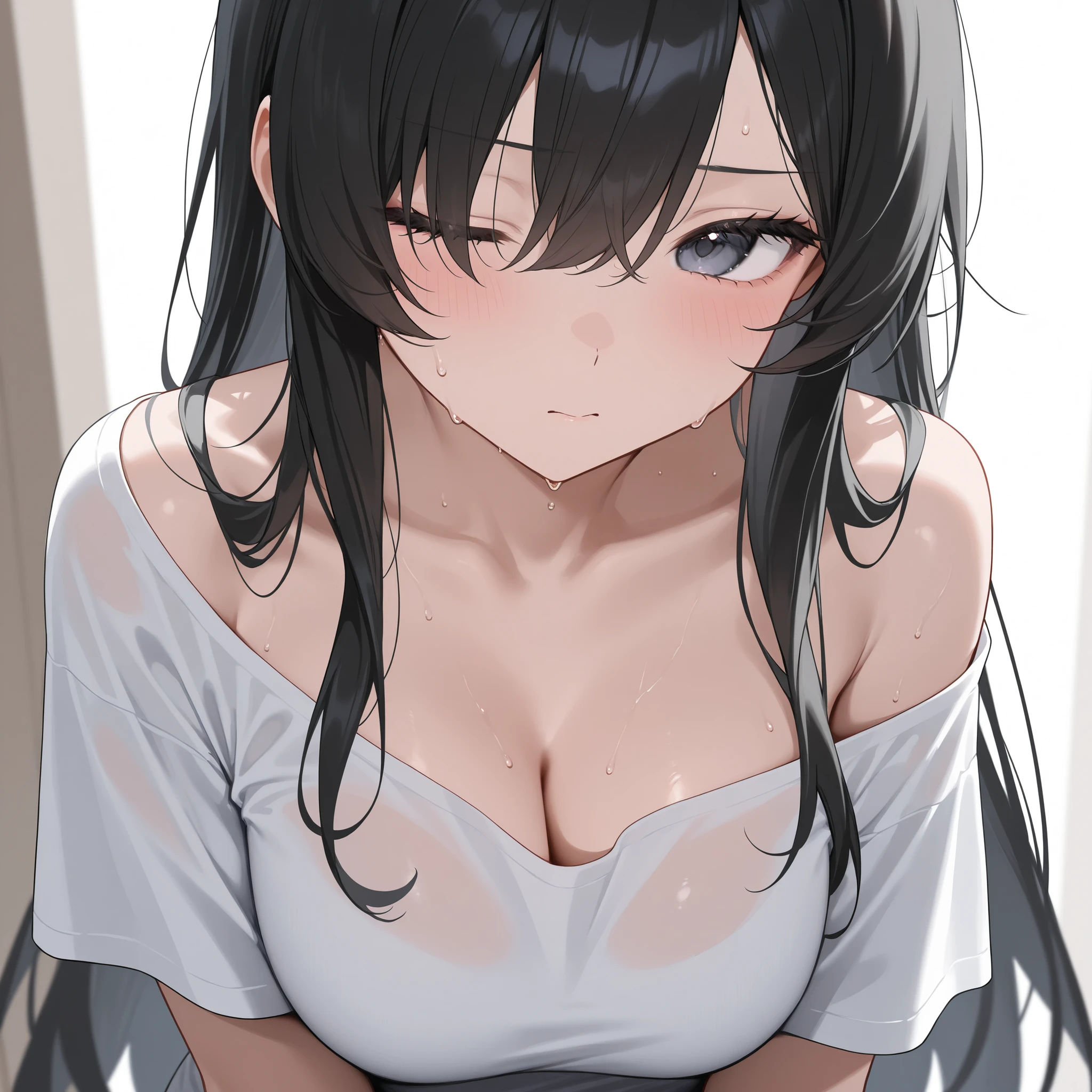 (((masterpiece, Highest quality:1.3,absurdres))),25 year old beauty,solo,((very small head:1.3)),long hair,bangs,(dark blue hair),dark blue eyes,gorgeous eyes,shy,tears,tongue、drooling,medium breasts,((very long body:1.3)),((toned body,slender body)),skinny,((tan skin:1.5)),gleaming skin,shiny skin,sweat,(incontinence,Urine dripping down thighs),((White tank top))、(((Yellow pleated mini skirt))),barefoot、White panties、arms up,standing,spread legs,on street,Back Alley、New York City、