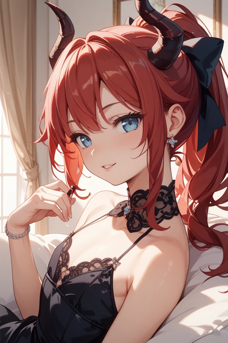 masterpiece, best quality, highly detailed background, perfect lighting, best quality, (extremely detailed face), volumetric lighting, intricate details, shadow, tonemapping, sharp focus, hyper detailed, trending on Artstation, (solo) ((Looking at the viewer)) (long red hair) (Hair over face) (only one eye visible) (curvy) (Big breasts) (black corset) (transparent skirt) (fishnet stockings) ((Blue eyes)) ((human)) (sexy pose)