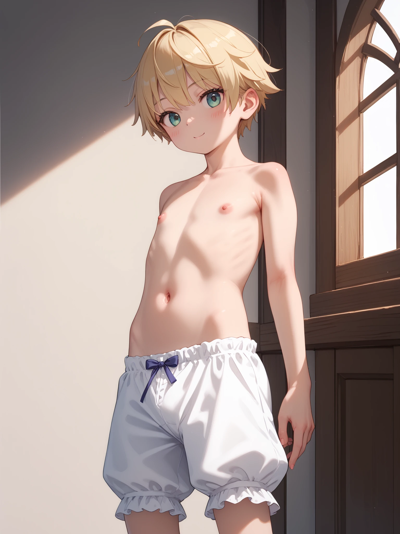 score_9, score_8_up, score_7_up, source_anime, 1boy, twink, shota, young, aged down, ((shota)), chastity cage, chastity belt, indoors, ikuchan, flat color, genshin impact, aether, shy, tummy