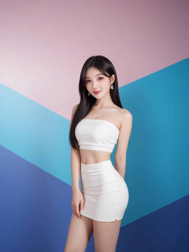 Korean woman, Kwon Eunbi, very long cut, black hair, flat bangs hair, sexy woman, K-pop idol, smiling, single woman, large breasts, white strapless tube top, white mini legging pants, white knee high boots, pose sexy