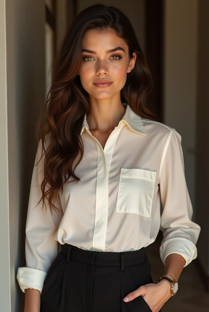 Woman with fitted breasts wearing a button-down blouse and tie