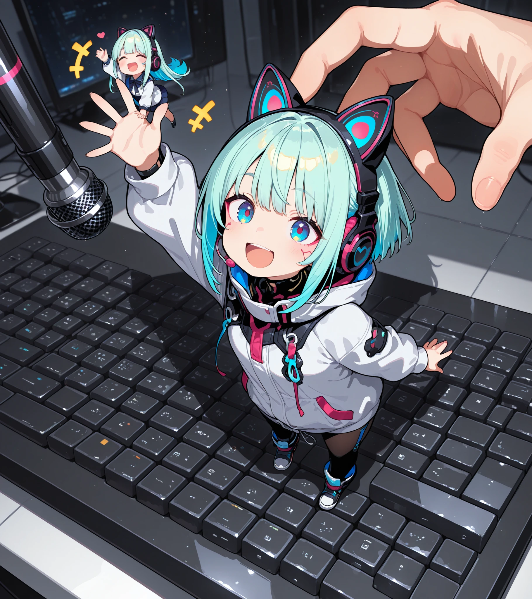 (masterpiece, best quality, absurdres,highres, newest, very awa, general), (minigirl on keyboard), :d, size difference, microphone, animal ear headphones, headphones, cyberpunk, arm up