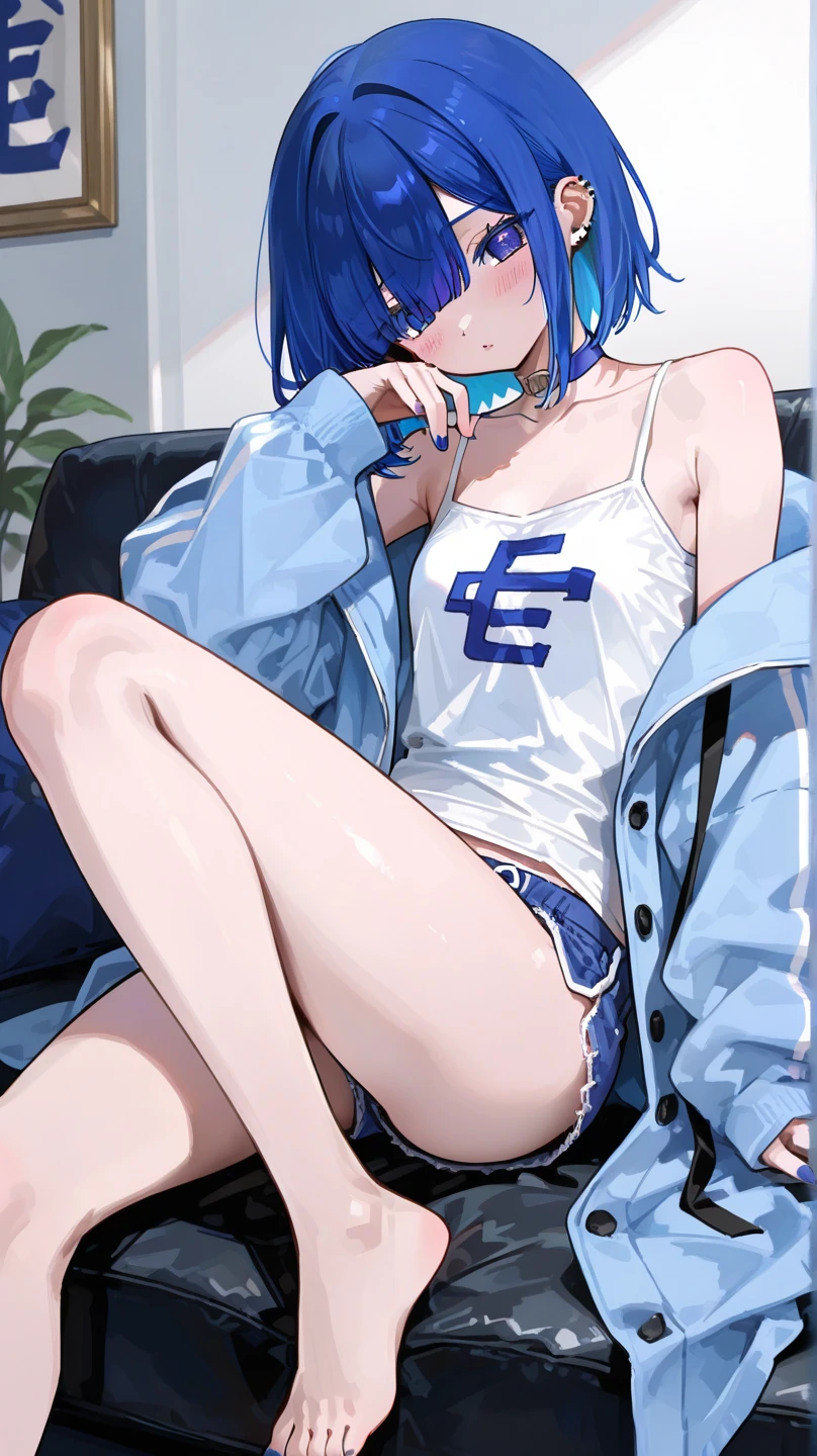 Anime, girl, black hair, short hair, praying hands, full body, pretty, petite, flat chest, high school, sitting, cute, fingertips touching, praying, thinking, smiling, blue eyes, hanging legs, standing, without clothes, nsfw, breasts, areolas, groin, uncensored