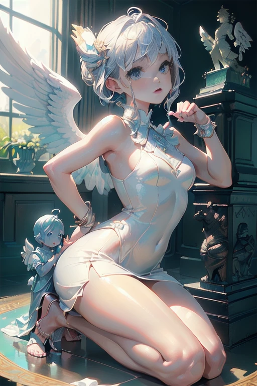 masterpiece,1girl,solo,cat ears,twintails, hair over one eye, demon_wings,small breasts, blue_eyes, blush,open mouth, low wings, torn legwear, (kneeling:1.3),bound arms, ((bondage)),shibari,rope,(arms behind back:1.4),indoors,
