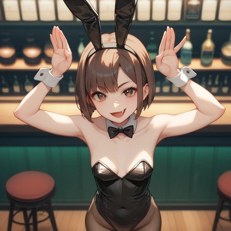 (top-quality、in 8K、32K、masterpiece、nfsw、highly detailed、Impresionismo、Photorealsitic:1.2)、Full body, (a bar counter、shop front:1.4)、cara simetrica y hermosa, deep-shadow, beauitful face、blurry backround、20-year-old beauty、shinny skin, Beautiful wavy golden hair、 poneyTail、Blue eyes, Beauitful face、blurry backround、 Bunny Girl、High-cut leotards、Muy delgado leotardo se ve el cuerpo atraves de el, a bow tie、White cuffs、Thighs wrapped in fishnet stockinglack rabbit ears、Have a tray of liquor、sit on the table、Shy smile、Curve, uncensored, nsfw, very hot