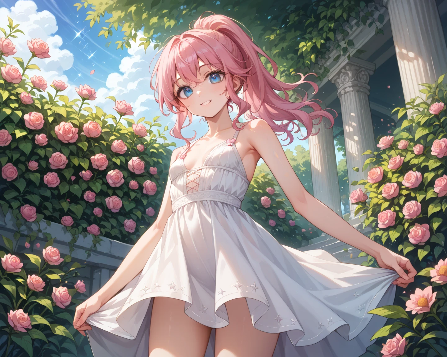 masterpiece, best quality, detailed, 1girl, pink hair, short hair, twintails, heterochromia, smile, meadow, (long dress), medium breasts, sunset,
