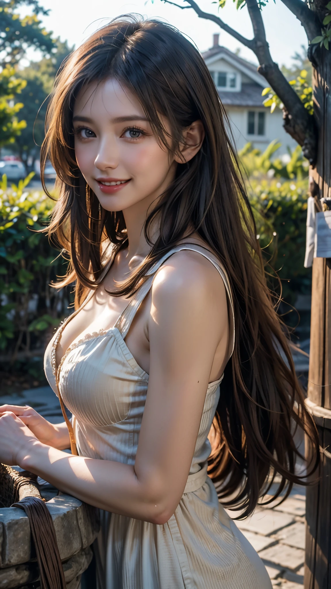 laughing out loud，1 female, 2，（Yellow bow spaghetti strap dress），Outside the castle，light brown hair, blunt bangs, hair behind ears, Shoulder length hair, long hair, Braided hair repair，long body shape, 超face slimming型, face slimming, delicate lips, beautiful eyes, Thin blush, Eyes are light brown,Check it out here, (actual:1.3), One person's perspective, 8k, Super detailed, high quality, best quality, High resolution，knee shot，My breasts look big in my clothes,The skirt is very fluffy
