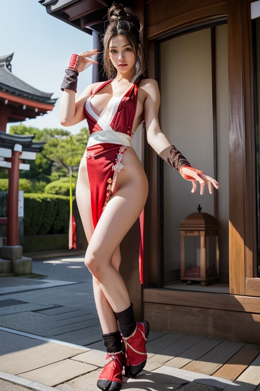 mai shiranui, (tabi:1.3), (Full body:1.4), (Toe;1.3), (Photo realistic:1.2), (masterpiece:1.2), (Best Quality), (ultra-detailliert), (8K, 4K, Convoluted), (Flat Lighting:1.2), (skinny), Prestige, Brown eyes, Long hair, brown eyes, long hair, brown hair, white ribbon, sleeveless, ponytail, sash, pelvic curtain, arm guards, gloves, fascinated expression, Sexy eyes, slim, medium breasts, Cute, view the viewer, Close to Japan temple, (Highly detailed:1.2), (Detailed face:1.2), (gradients), SFV, Colorful, (Detailed eyes:1.2), Detailed temples of Japan, Detailed background, Dynamic Pose, Wide Shot, Daylight, Solo.