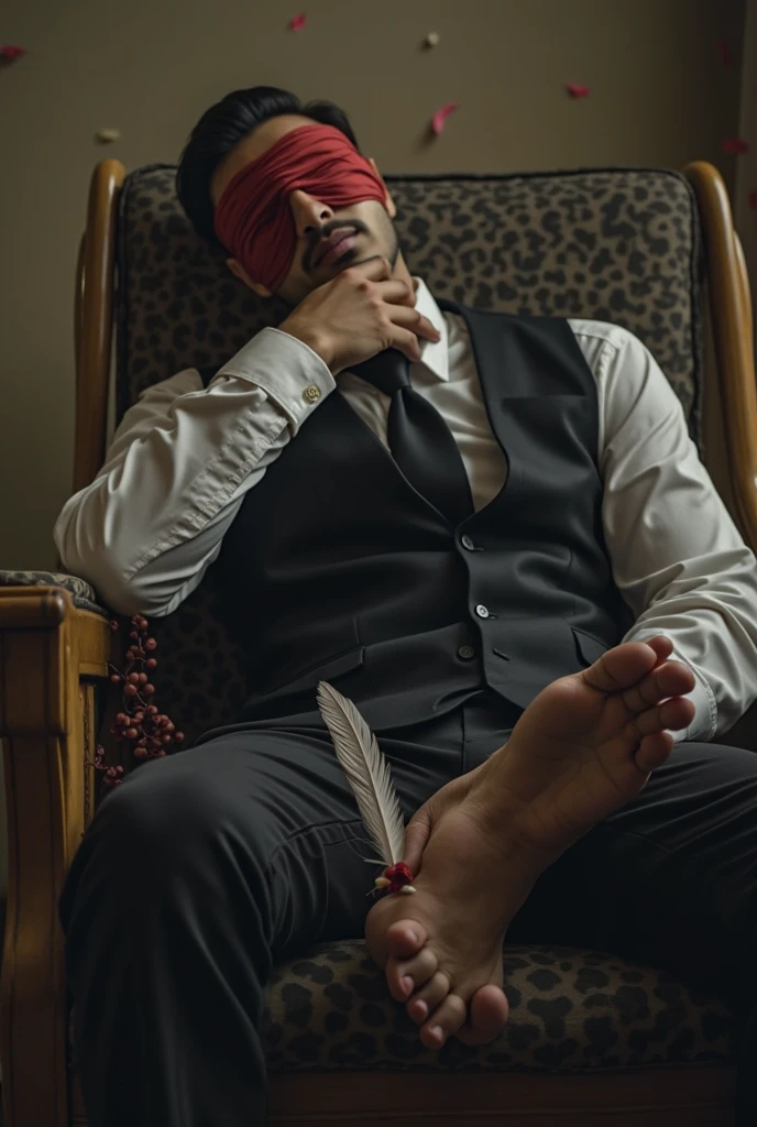 There is a handsome young Malay businessman from Malaysia named Haqiem hands,legs with red socks tied with ropes to the chair and eyes covered with cloth A man opened Haqiems shoes and tickled Haqiems soles with chicken feathers Haqiem laughed uncontrollably because his smelly soles were being tickled