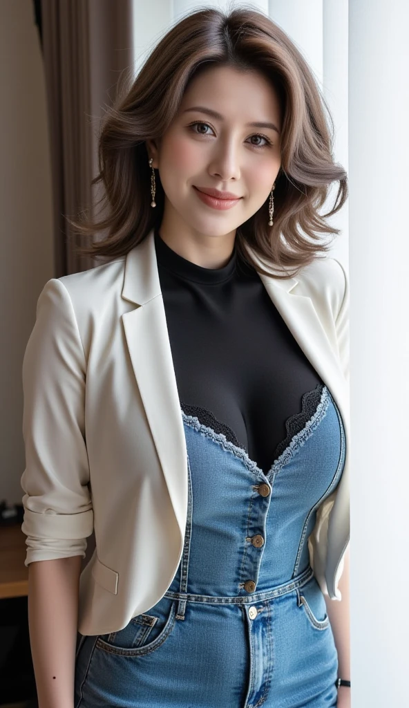 (Best Quality, hight resolution, Hires, Skin definition, Detailed skin, Detailed eyes, Detailed face, 4K, 日本人A MILF, (独奏で), (((50 years old))), (Wrinkles at the corners of the eyes:1.5), (nasolabial folds), (((Very large breasts))), A MILF, glamor, A sexy, Chromo-white skin, Wavy Longhair, Looking at Viewer,(((my skin is old))), ((muscles are old)), Slender model, ((Japanese Models)), 4K, 8K, (photoRealistic:1.5), Realistic, nffsw, Beautiful, Bimbo, Perfect makeup, small diamond necklace, piercings, ((Blue leather jacket,tight skirts,undershirt, Black pantyhose, ミニチュアtight skirts, high-heels, )), (Huge breasts:1.25), huge tit, cleavage, (((Saggy buttocks))), an hourglass figure, 独奏, ssmile, Public places, sitted, opening legs,