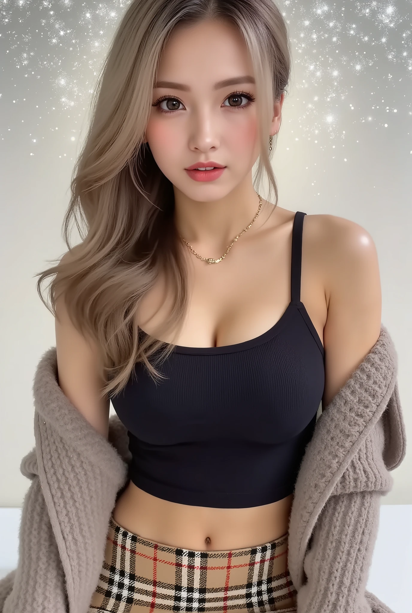 Cool Beauty, blonde, shiny, silky, wavy long hair,Passionate and explicit expression, charming eyes, Transcendental Style , Big breasts:Gcap,Tight Hips,wearing a black wide crop top with open shoulders and an oversized knit, fluffy, girly sweater,  Burberry check flared skirt, black thigh high boots, The background is sparkling water droplets reflecting the sun's rays, Ultra Detailed, Absolute Determination, masterpiece