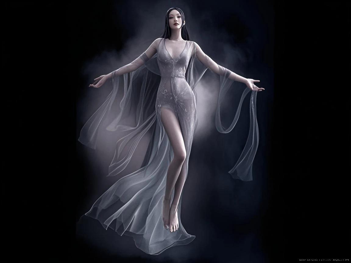 Digital painting of nude full body silhouette of a beautiful, beautiful and unique snow particle model, perfect face, honey eyes and long cascading hair, front view. The model wears a beautiful transparent white dress that creates a wonderful and majestic view of the moment. Very intense black background that contrasts with the model and the color of her dress. Studio lighting, ultra-fine painting, sharp focus, professional, vivid colors, best quality, 8k, high resolution, masterpiece: mysticism+coherent and ultra-realistic