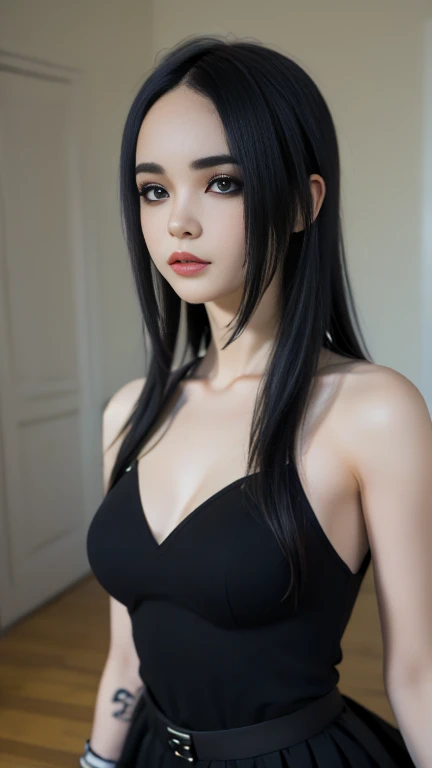 The girl's exquisite features are unparalleled, conforming to the golden ratio. Her eyes are lively and expressive, almost penetrating the soul, full of charm and seduction. Her slender nose is slightly raised, and her pink lips are slightly parted, causing endless imagination. She poses an ahegao expression that makes people daydream and blush. Her skin is fair and delicate like a baby's. Her figure is perfect and hot, as if she were God's favorite. This modern Hanfu style emphasizes the beauty of smooth lines and the display of body contours. In terms of color, black is the main tone, complemented by dark red and gold, creating a noble and mysterious atmosphere. The top features a V-shaped design that exposes the collarbone and shoulder lines, and the long plain sleeves highlight the slim beauty of the arms, partially made of transparent material. The bottom is a suspender skirt, partly made of transparent material, showing personality while retaining the charm of a graceful woman. T