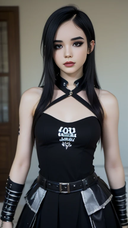 mature female, sexy, brown hair, fair skin, realistic, with long hair, light brown eyes, 8k image, realistic human skin, t-shirt, midriff peek, evil smile, seductive lips, necromancer, pretty, skull