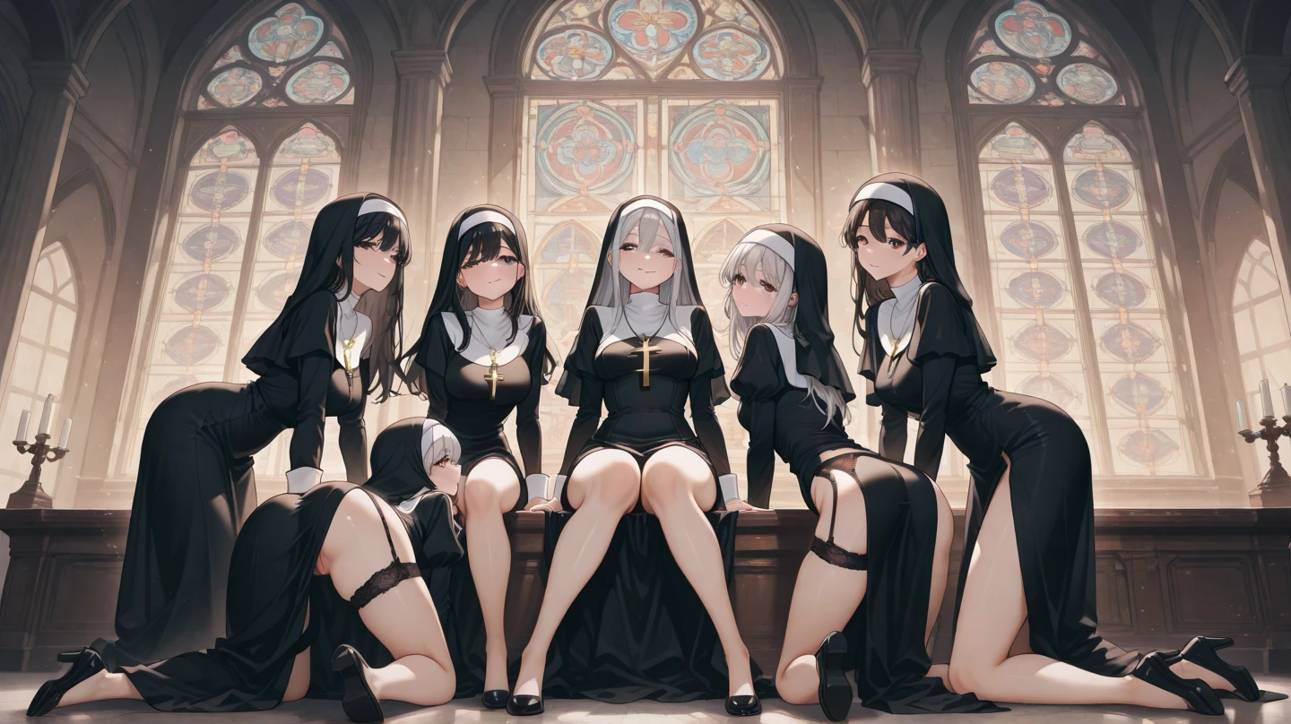 Dynamic shot, ((3 females)), A picture of 2 beautiful succubus dominating 1 sexy nun on a leash, ((2 demon females and a nun)), female domination, nun, demons, beautiful succubuses, horror, dark, sexy, rough domination, domination, nun on a leash, bdsm, golden chains,(golden leash), collar, beautiful bodies, slim, horror style, highly detailed faces, stockings, (silk lingerie, stockings), leather tight boots, camera from below, closeup, blue
