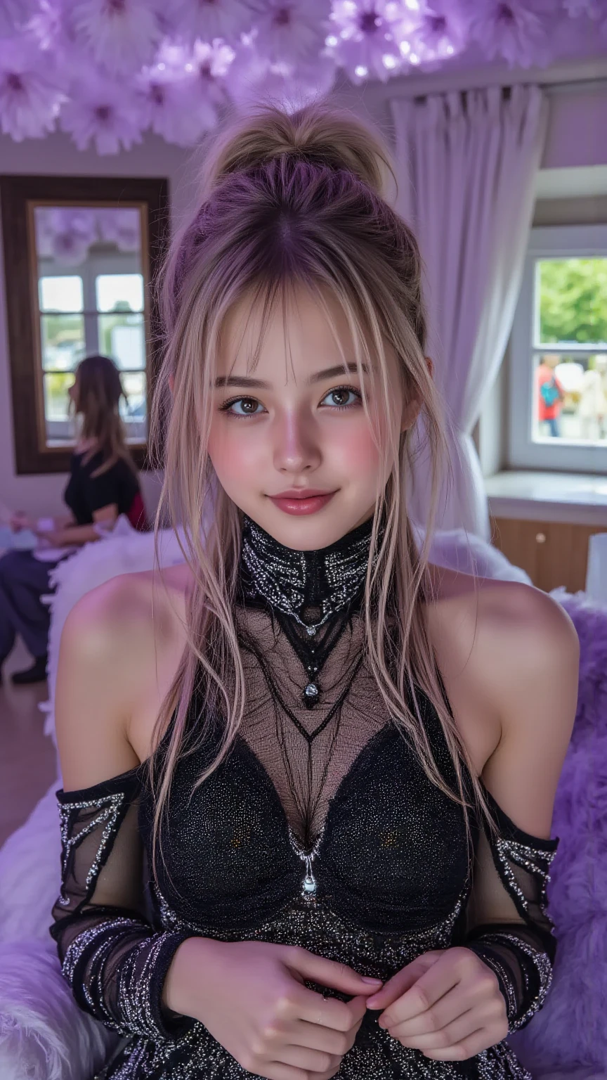 (SFW:1.2), Best_Quality, (masterpiece:1.2) of professional Analog Hi-Res photo, (realistic and photorealistic with touch of rawness:1.37), a close-up portrait of (KAWAII princess wearing thongs), Infinity pool on the roof of Skyscraper, Golden sky at dusk, intricate lighting effects with light particles, ((many colorful lights (dazzling bokeh))) . BREAK { Mystic sight | (many Luminous Particles:1.4) | sparkling splash | flying droplets | Rain drops | Luminous water surface | enjoying summer festival | Big City and Brilliant Skyscrapers }, { Childish | Gigantic Cleavage | Half Laying down | number on arm } . BREAK (((NOGIZAKA)))  Extremely Detailed very KAWAII face variation, captivating gaze, elaborate detailed Eyes with (sparkling highlights:1.2), long eyelashes、Glossy RED Lips with beautiful details, Coquettish tongue, Rosy cheeks, Wet Glistening ivory skin . (Dynamic joyful expressions), { pleasure in agony | Ecstasy | :D | screaming | Perplexed } . hair and eye color is same color, { Full of flowers | Chained Red leather high collar | Red ribbon | Tiny Coronet | Pearl piece | half updo | short bob }, from diagonally angle, Volumetric lighting .