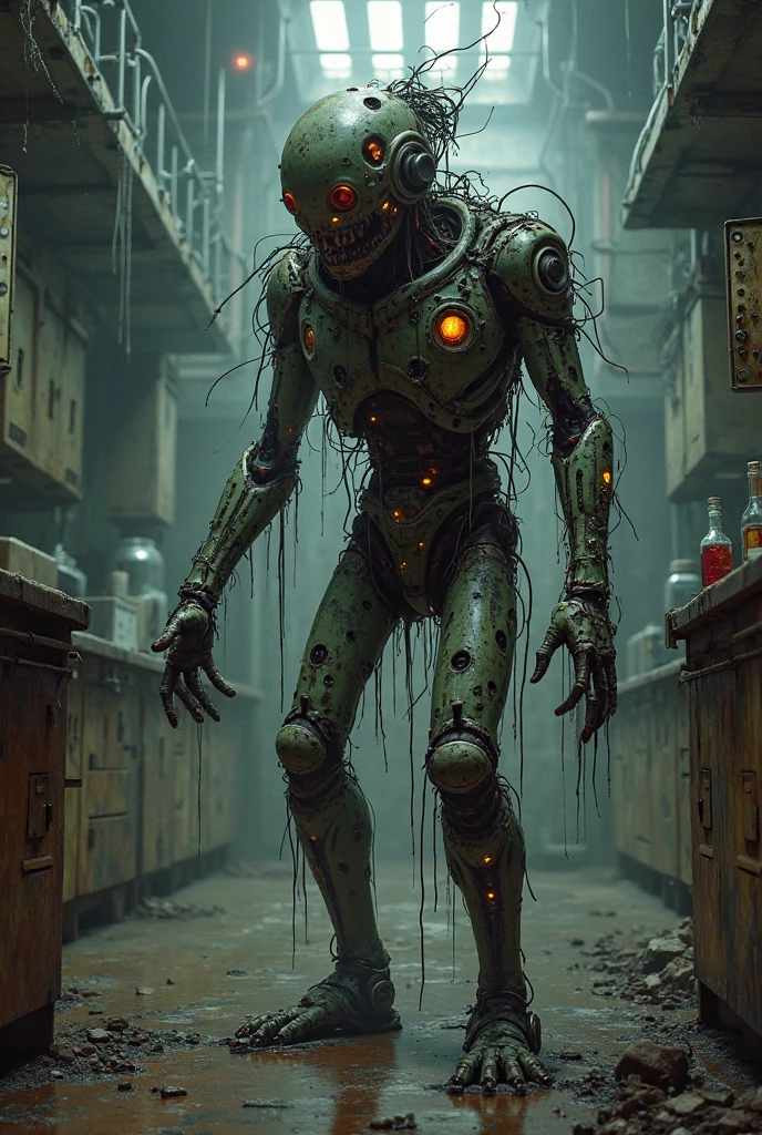 Horror-themed, cyberpunk style, <lora:Chrome_Skin_SDXL:0.5> ,SFW, (solo:1.2), 1man, full body, (face up, looking down:1.2), (mechanical joints, mechanical arms:1.3), FreddyKrueger as netrunner,
wearing a old dark dirty worn-out-looking Fedora hat and tattered striped sweater,
raising up his hands with long claw blade, figlowing eyes, in a dark room with neon screen wall, hacking the computer network and victim's dream, laughing uncontrollably super evil,
extremely slim body, chrome skin, extremely burned scared face and skin, wires and cables are connect to body,
(indoors:1.3), hightech cyberpunk style data center background,
(unreal engine), ray tracing, dynamic light, godrays, reflections, far distance shot, from below angle,
hyper detailed, high quality, <lora:add-detail-xl:1>, <lora:FreddyKrueger:1>, neon, dystopian, futuristic, digital, vibrant, detailed, high contrast, reminiscent of cyberpunk genre , Eerie, unsettling, dark, spooky, suspenseful, grim, highly detailed