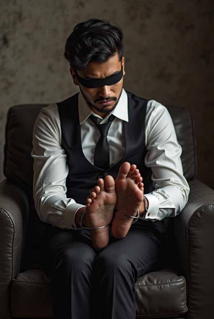 There is a handsome young Malay businessman from Malaysia named Haqiem hands,legs with black socks tied with ropes to the chair and eyes covered with cloth A man opened Haqiem shoes and tickled Haqiem soles with chicken feathers Haqiem laughed uncontrollably because his manly black sock soles were being tickled by feather duster