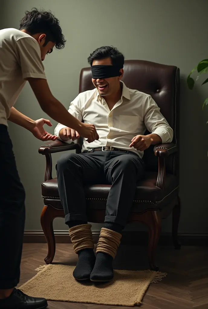 There is a handsome young Malay businessman from Malaysia named Haqiem tangan,legs with black socks tied with ropes to the chair and eyes covered with cloth A man opened Haqiem's shoes and tickled Haqiem's soles with chicken feathers Haqiem laughed uncontrollably because his manly black sock soles were being tickled