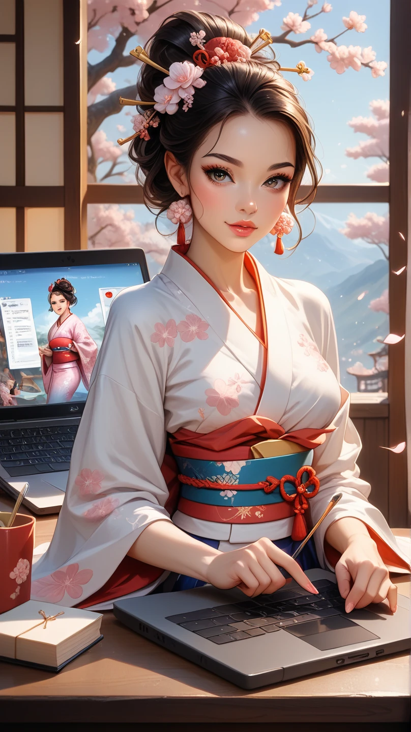 painting'Huile \\ ( 1 female,Detailed cheongsam, Wearing white cheongsam, Gold details on the cheongsam, Highest quality, best quality, official art, beautiful treat, broad chest, Average breast,beautiful woman: 1.2) Exquisite cheongsam, White and gold on clothes, vêtements de la best quality , Rose details on cheongsam, \\ (27-year-old Korean female, Beautiful shape , Black Hair , God Throne , earrings, Collante Blanc , ((Super detailed)), (Highly detailed 2DCG illustrations), (((Very delicate and beautiful))) (Put your arms back),sitting: 1,2), \\(go out , external, Spring and cherry blossoms, un Blue sky magnifique ,Traditional Japanese town, Old Japanese Town ,Dazzling sun, Blue sky, Blue Background, Falling cherry blossoms , petal, There are cherry blossom trees everywhere: 1.4) ((White tone:3,0)),((Golden hue:3,0))