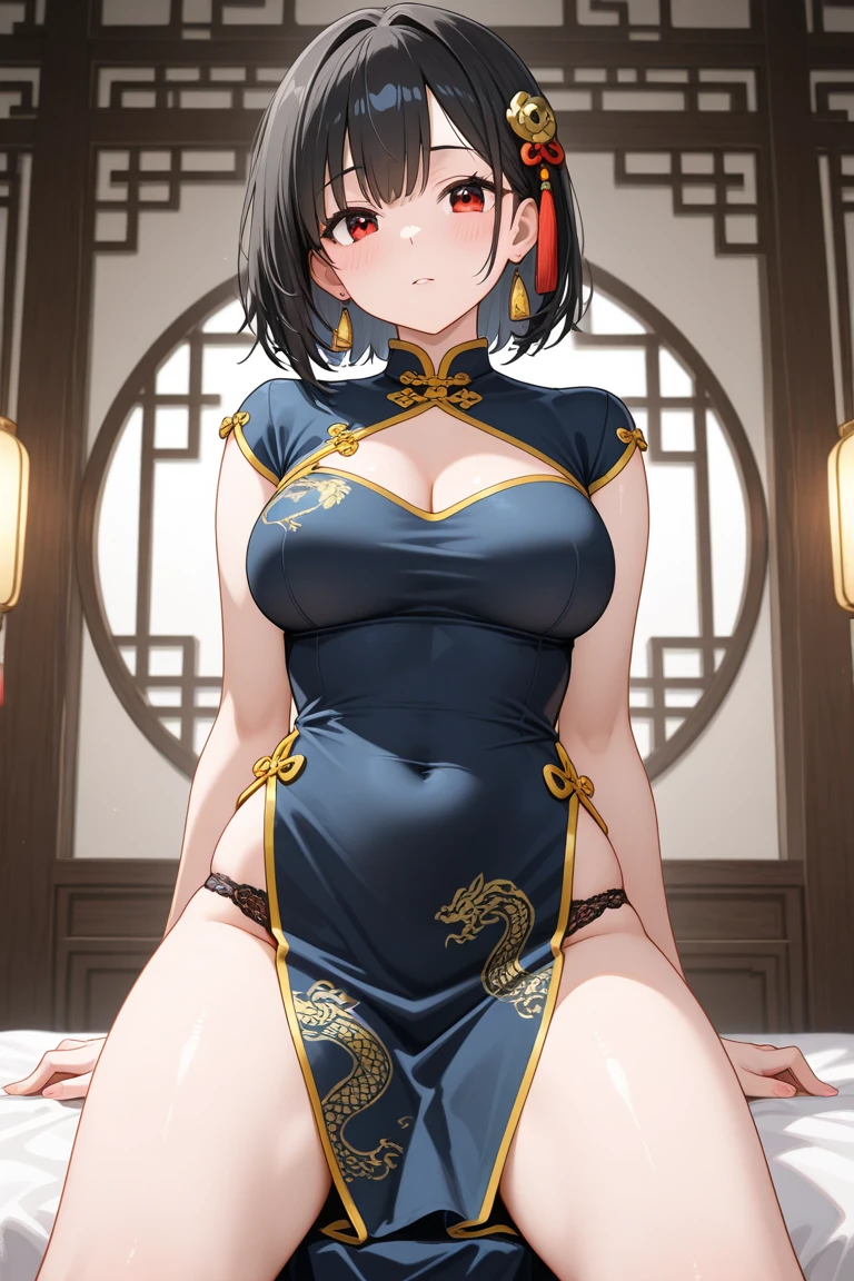 1girl,double buns,black hair,black eyes,flustered,open mouth,cheongsam,shoulder,side boobs,sweating,side waist,thigh focus, chinese dress,lift up the dress,