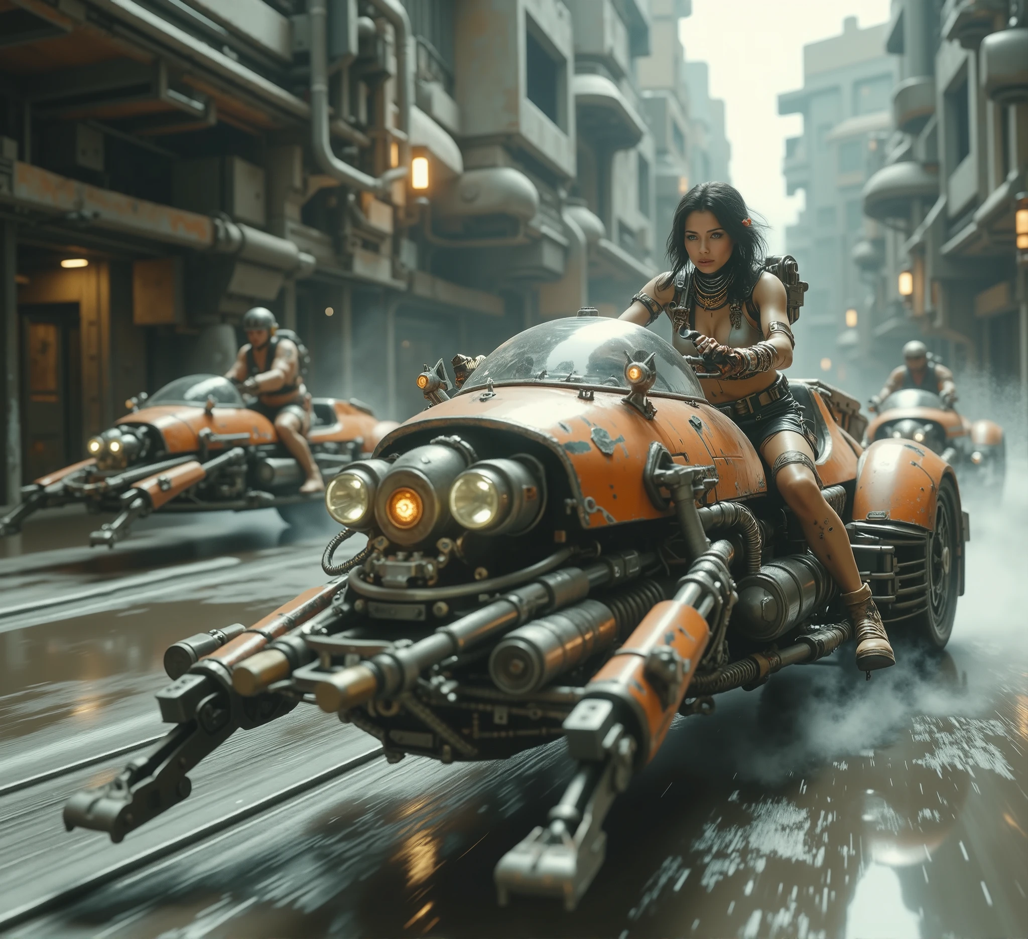 cinematographic photography using the rule of thirds and composition on planes Side photo full body shot counterposed, soft light, unmarked contrasts, a retrofuturistic motorcycle (Speeder bike) Flying ( bike) inspired by motorcycles with low frame and huge engine in the front like the "Indian gorilla" y angosta en la parte trasera Flying de estética diesel punk partes oscuras y negras con mucho oxido motor expuesto al frente y battle damage y partes destruidas, some red lines, with the large engine exposed to the front of the vehicle You can see the exposed mechanism composed of pistons , hoses, chains y motores con algunas luces, the exposed handlebars and turbines, At high speed in a chase next to several more. In the background of a desolate and flooded apocalyptic planet, reflections in water, at night, gloomy atmosphere, battle damage. in the style of Ashley Wood a high level of Racrufi style . Reference https ://.It/9nywtVBQD La piloto una hermosa desnuda y muy sexy mujer joven rasgos de mexicana de incomparable belleza latina actItud desafiante , top model, tattooed, Storm Trooper by Starwar, Elegant and Gothic Stormtrooper , fit ((chains)) dress made of chains, emerald eyes, penetrating look , Punk chain , punk belt , full body shot, torn screen , cuero y encaje rasgados y rotos con chains Picos y Muchas joyas de plata de huesos de plata,holding a blaster or a lightsabre