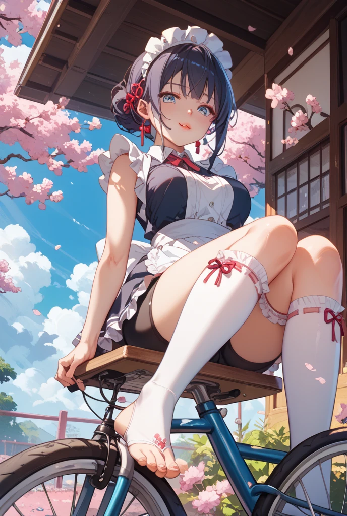 masutepiece, Best Quality, anime image, Anime style, Raiden General\(GenshinImpact\), smil, 1girl in, Tinewicker, Visible , red blush, Colorful pastel fantasy、(Opening legs)、shiny beautiful buttocks,Sit with your legs open,sexypose、pantyshot、Pants bite、View from below、(Buttock emphasis)、starrysky、Shining stars、beautiful thigh、shiny thighs、Water surface reflection、Dynamic、action、Depth、out of focus、Luster、Musou City、Knives、Fall into the sky、Full Body Sweat、detailed and beautiful background