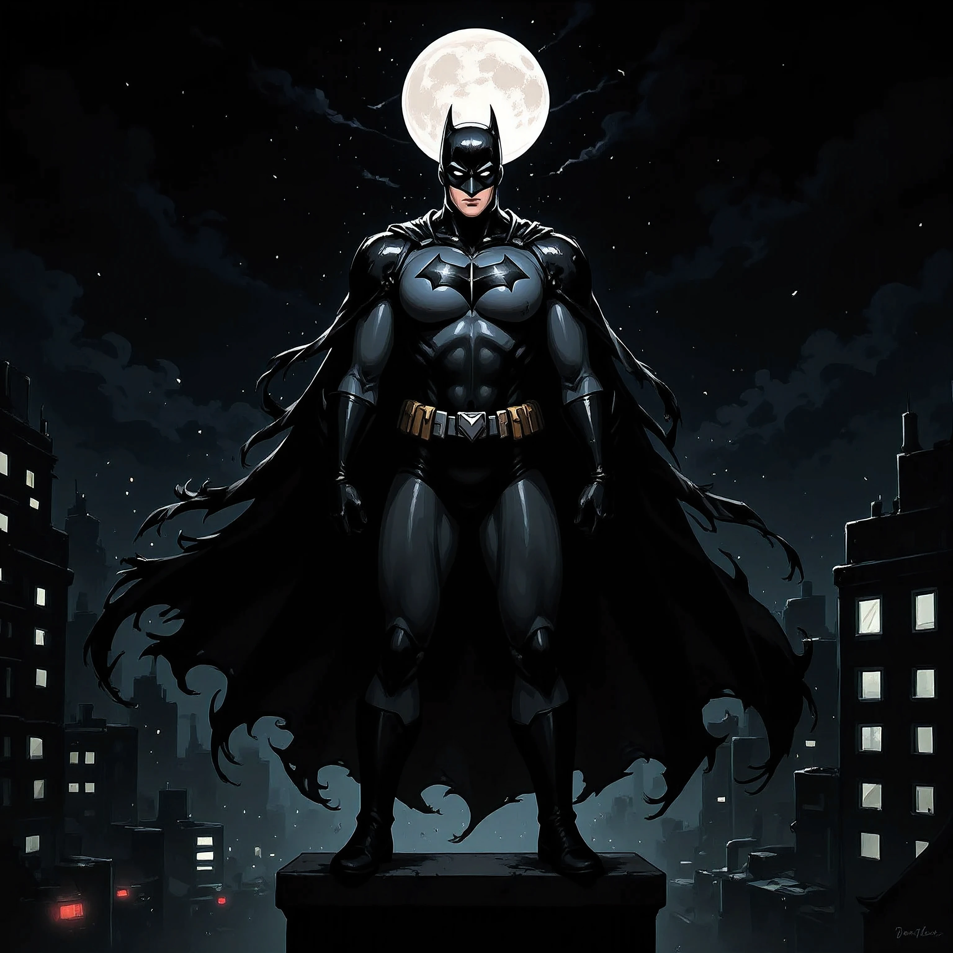 jimlee style, comicbook illustration, the main subject is batman, batman standing on highest skyscraper rooftop, he is surrounded by shadows and his cowl making his face completely black with only two white visible, he is wearing armored suit and long torn windblown cape that covering his whole body right from the shoulders, street dimly light with car lights down below, dark noire atmosphere, black sky, moonlight,