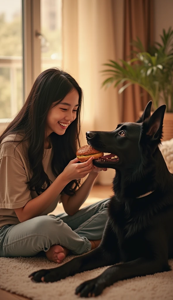 A Akita biting a piece of meat