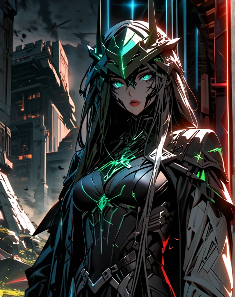 a monstrous green skinned alien witch, dark and necrotic skin, futuristic and cyberpunk accessories, (best quality,4k,8k,highres,masterpiece:1.2),ultra-detailed,(realistic,photorealistic,photo-realistic:1.37),hyper detailed, intricate details, extreme detail description, professional, vivid colors, fantasy, dark fantasy, horror, sci-fi, portrait