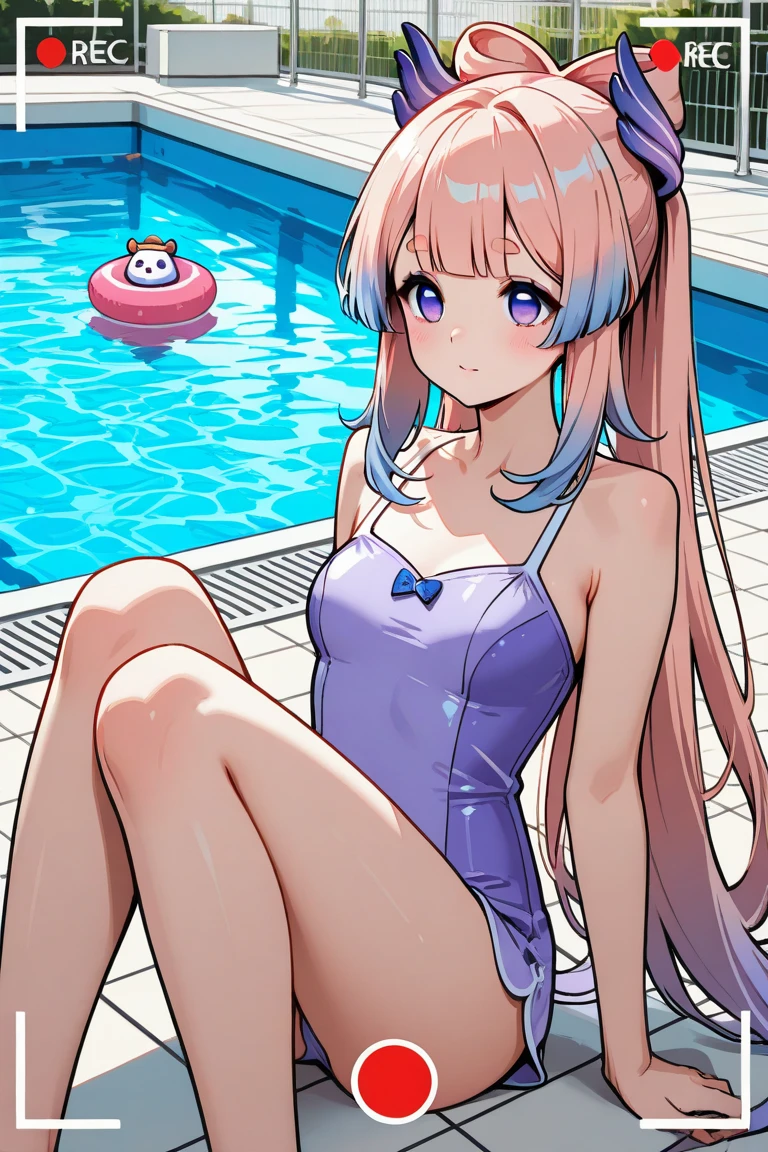 best quality, very aesthetic, Super detailed, best illustration, 1girl, one-piece swimsuit, bangs, pink_hair, blunt_bangs, hair_ornament, butterfly_hair_ornament, ribbon, black_ribbon, blue_eyes, blush, hair_ribbon, twintails, long_hair, nino, full_body, smail