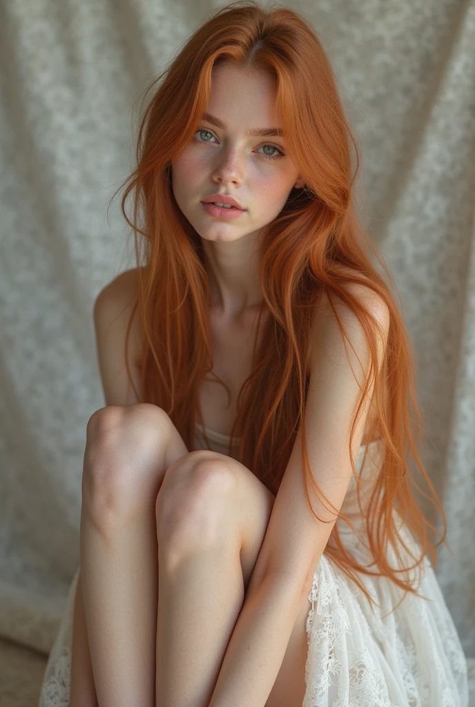 (completamente desnuda), (full shot),(small ), (Slim body), solo, very detailed, detailed face, very long hair, picture of a beautiful young woman, dasha_taran, sfw, ((natural orange hair)), beautiful natural blue eyes, High Definition RAW Photography, 16k photography,