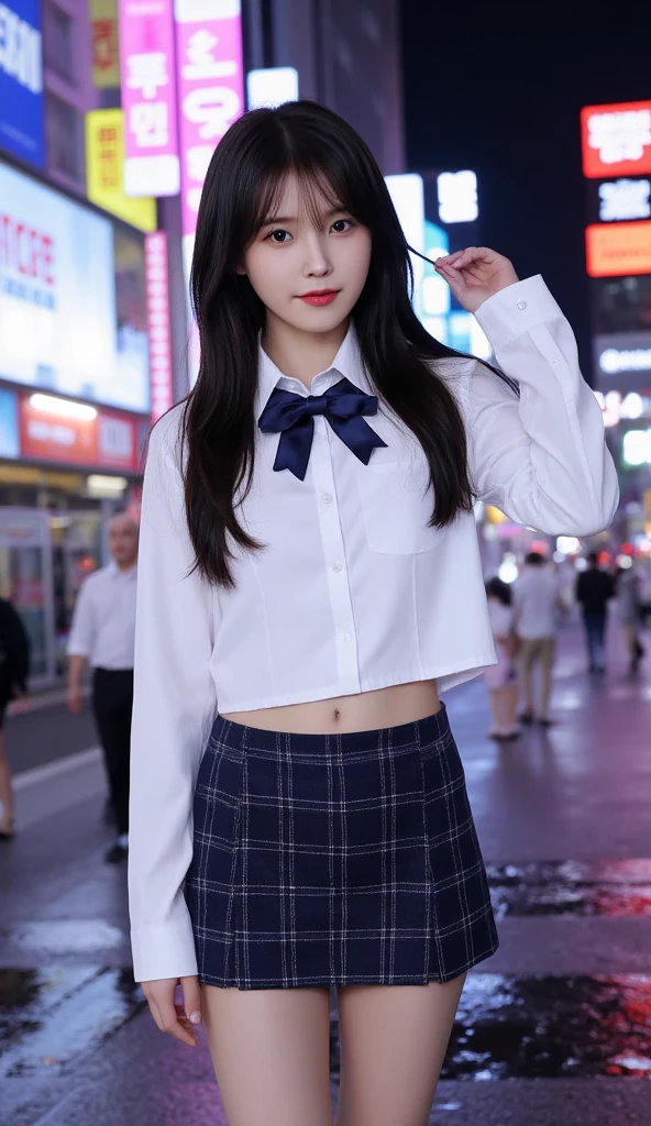 1womanl、(Super beautiful)、(beauitful face:1.5)、(is standing:1.4)、(Shot from the knee up)、(A detailed face:1.5)、(A detailed eye:1.2)、(Detailed lips:1.2)、(Detailed nose:1.2)、(Lift up your skirt and expose your panties:1.8)、(high-school uniform:1.5)、(plaid skirts:1.3)、(White sheer panties:1.5)、(School Sweater)、(make - up:1.1)、(naked hair)、(Sidewalks in Shibuya)、(At SFW:1.6)、(Night:1.4)